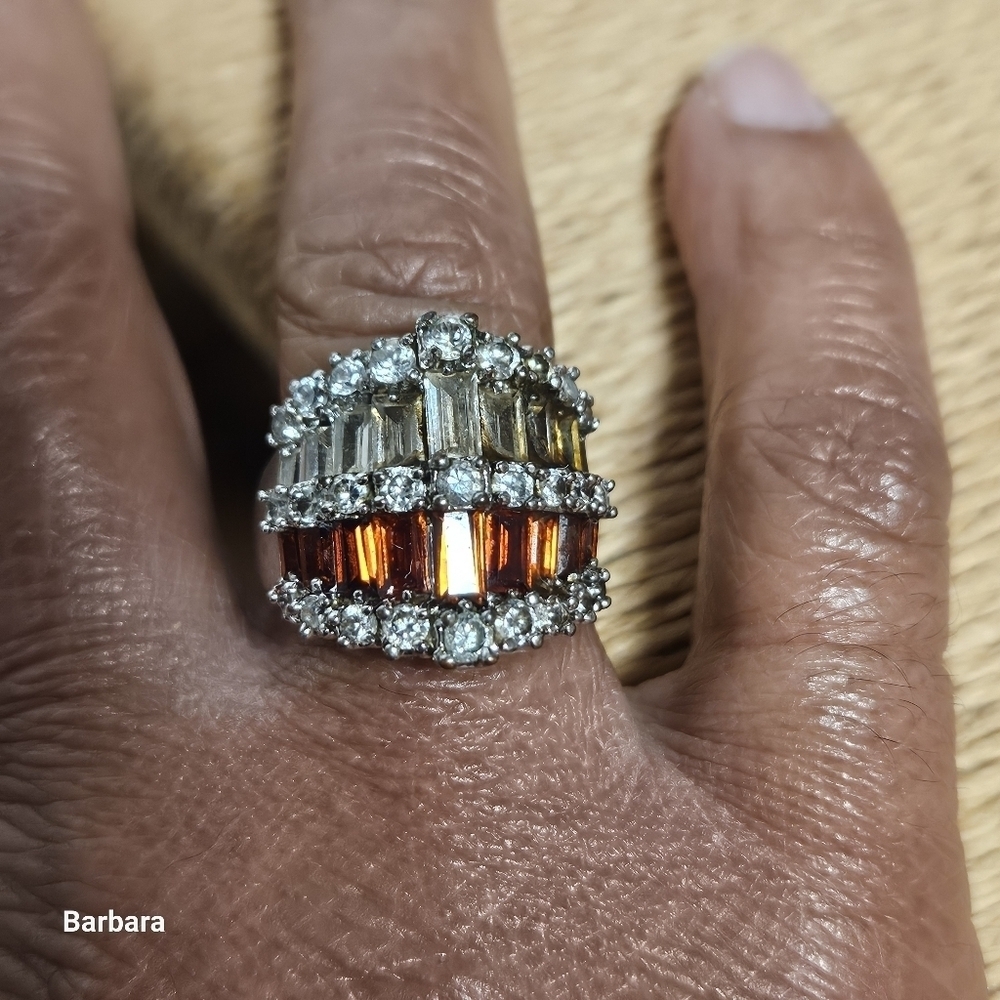 Tri-Color Faux Ruby Diamond Baguette  Statement Dinner Ring, Size 7.25